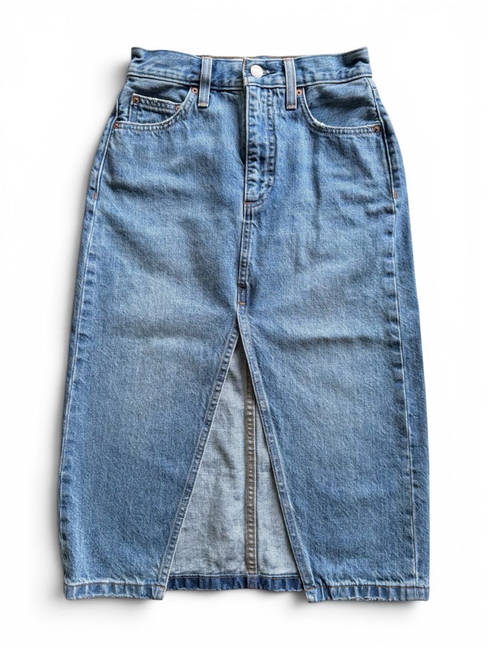 Denim Forum 90s Halle Skirt Classic Midi Denim Skirt Medium Wash Size 23